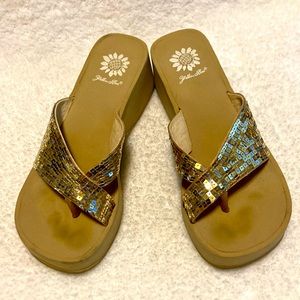 Yellow Box Flare Gold Sequin Sandals